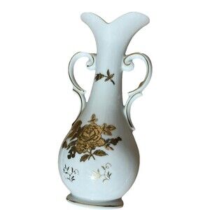 Vintage  Arnart Creation Japan White 2-Handle Vase w/ Gold Floral Design 8x2’